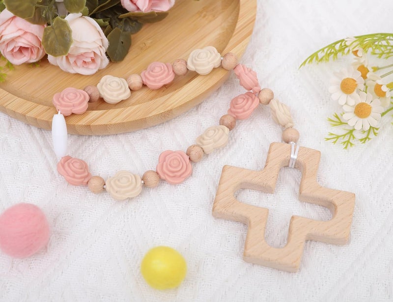 YOUAME Cross Baptism Silicone Rosary  Baby Shower Baptism Party Supply Kids First Rose Beads Rosary Baby Girls 1st Year Silicone Beads Gifts Christian Communion Rosary - Image 5