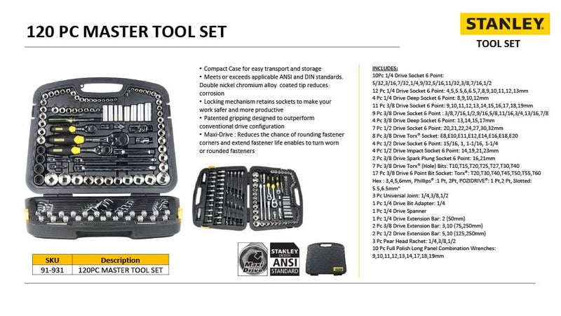 Stanley STANLEY 91931 120Piece Master Tool Set with Compact Case for Easy Transport Storage for Home DIY Professional Use 6 Months Warranty YELLOW BLACK  - Image 4