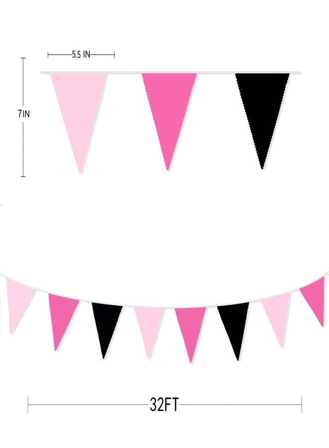 pinkblume 32Ft Rose Hot Pink Black Pennant Banner Fabric Triangle Flag Cotton Bunting Garland for Minnie Mouse Birthday Wedding Anniversary Party Home Nursery Outdoor Garden Hanging Festivals Decoration (36Pcs) - Image 2