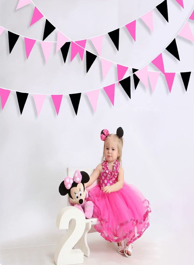 pinkblume 32Ft Rose Hot Pink Black Pennant Banner Fabric Triangle Flag Cotton Bunting Garland for Minnie Mouse Birthday Wedding Anniversary Party Home Nursery Outdoor Garden Hanging Festivals Decoration (36Pcs) - Image 3