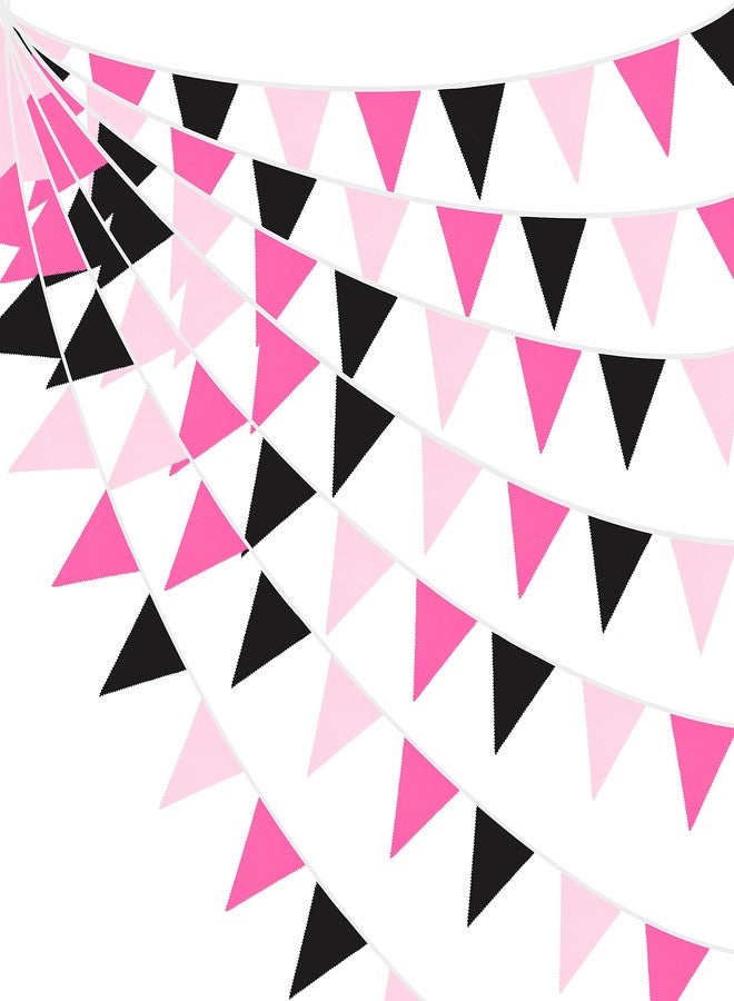 pinkblume 32Ft Rose Hot Pink Black Pennant Banner Fabric Triangle Flag Cotton Bunting Garland for Minnie Mouse Birthday Wedding Anniversary Party Home Nursery Outdoor Garden Hanging Festivals Decoration (36Pcs) - Image 1