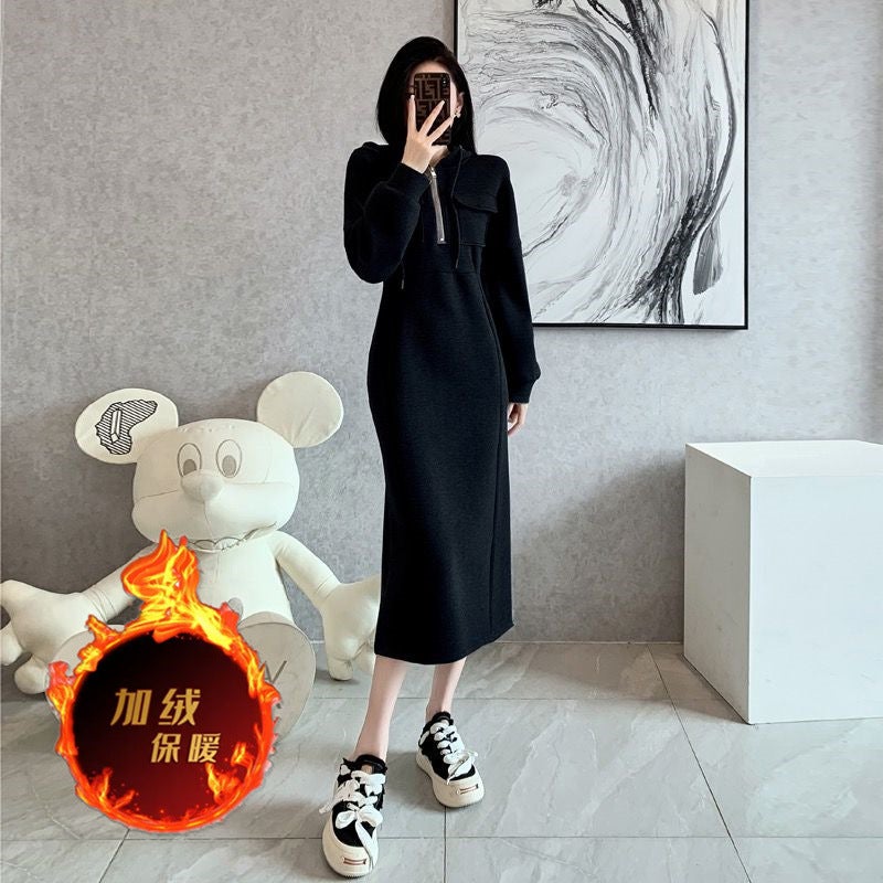 fleece-lined Thickened Long Sleeve Autumn and Winter dress New Waist Slimming Elegant Meat Covering Hooded Pullover Knitted dress Black velvet thickened version