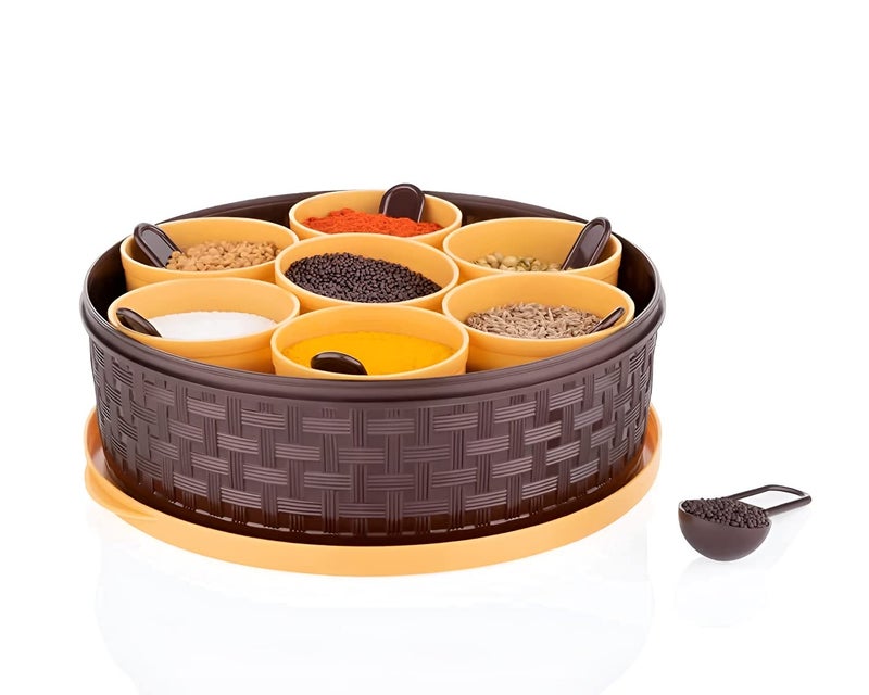 Oblivion Round Spices Storage Containers Masala Dani - Airtight Plastic Organizer with 7 Seperate Compartments and 7 Spoons, Easy Refill, Kitchen Decorative Namak Dani, Multicolor (Pack of 1) - Image 1