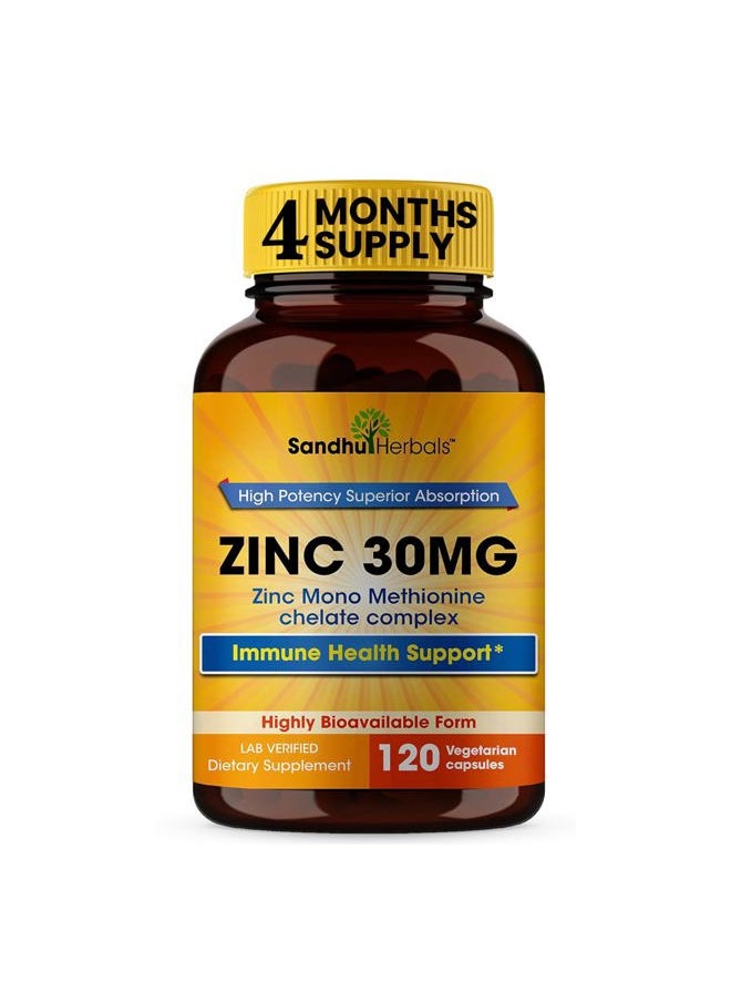 SANDHUHERBALS - Sandhu Herbals Zinc 30mg Supplement for Men & Women| High Absorption Zinc Monomethionine Complex 120 Capsules| Zinc Supplements for Immune, Acne & Antioxidant Support| Vegetarian, Made in The USA - Image 1