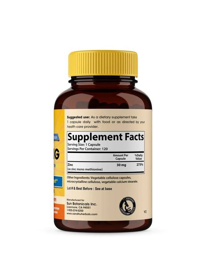 SANDHUHERBALS - Sandhu Herbals Zinc 30mg Supplement for Men & Women| High Absorption Zinc Monomethionine Complex 120 Capsules| Zinc Supplements for Immune, Acne & Antioxidant Support| Vegetarian, Made in The USA - Image 1