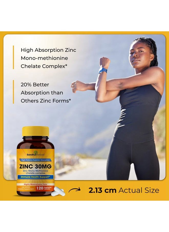 SANDHUHERBALS - Sandhu Herbals Zinc 30mg Supplement for Men & Women| High Absorption Zinc Monomethionine Complex 120 Capsules| Zinc Supplements for Immune, Acne & Antioxidant Support| Vegetarian, Made in The USA - Image 1