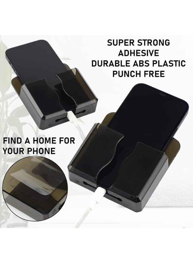 سيوسي Wall Mounted Phone Holder, Self-Adhesive Cell Phone Stand, Acrylic Remote Control Organizer with Charging Hole for Bedside, Desk, Home and Office Use, Compatible with Most Smartphones (Black, 4 Pack) - Image 2