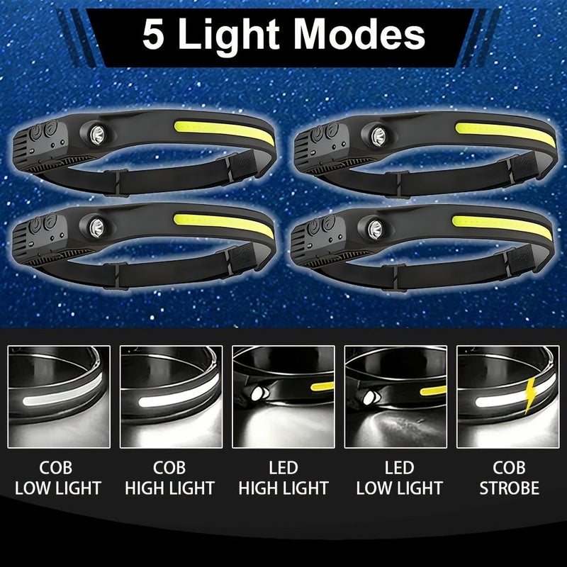4 قطع من مصابيح الرأس القابلة لإعادة الشحن عبر USB مع استشعار الحركة و5 أوضاع للعمل في الهواء الطلق - Image 4