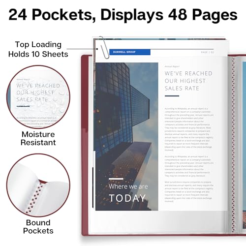 Dunwell Presentation Binder 24-Pocket, Displays 48 Pages, 8.5x11 Portfolio Binder with Plastic Sleeves, Storage and Organizer for Documents, Certificates, Projects, Photos (Ruby) - Image 3