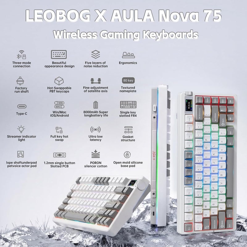 Leobog لوحة مفاتيح الألعاب الميكانيكية X Aula Nova75 - 75% مدمجة لاسلكية مع شاشة ومقبض، إضاءة خلفية RGB، قابلة للتبديل السريع، بطارية 8000mAh - Image 2