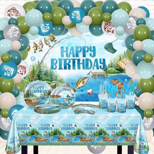Lecheme Fishing Birthday Party Decorations 274PCS Gone Fishing Plates Napkins Tablecloth Cups Balloons Banner Allin1 Fish Party Decorations Birthday Party Supplies Serve 24 - Image 1