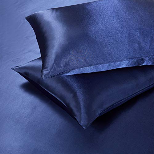 AiMay 3 Piece Satin Duvet Cover Set Bedding Sets Luxury Rich Silk Silky Super Soft Solid Color Reversible Zipper Closure Sexy Honeymoon Stain-Resistant Wrinkle Free(King, Navy Blue) - Image 2