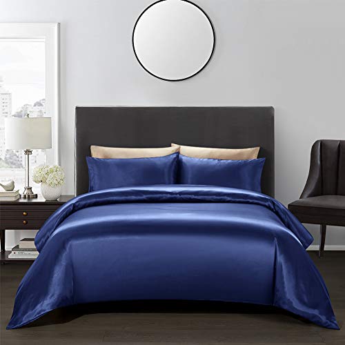 AiMay 3 Piece Satin Duvet Cover Set Bedding Sets Luxury Rich Silk Silky Super Soft Solid Color Reversible Zipper Closure Sexy Honeymoon Stain-Resistant Wrinkle Free(King, Navy Blue) - Image 1