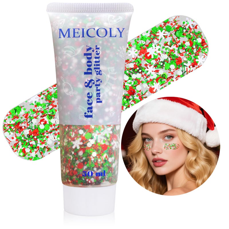MEICOLY جل بريق الوجه والجسم من ميكولي لعيد الميلاد، بريق الشعر لعيد الميلاد، إكسسوارات عيد الميلاد هدايا للتخزين، زينة عيد الميلاد، مكياج بريق الوجه للمناسبات للنساء والأطفال والفتيات، طلاء وجه بريق سميك - Image 1