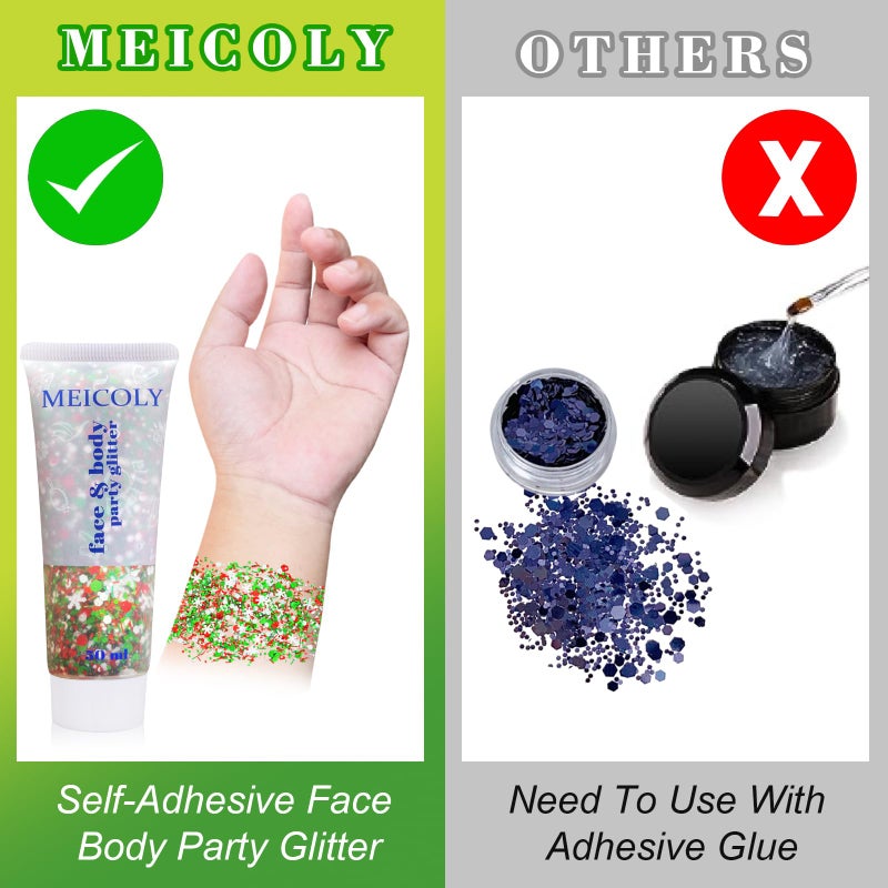 MEICOLY جل بريق الوجه والجسم من ميكولي لعيد الميلاد، بريق الشعر لعيد الميلاد، إكسسوارات عيد الميلاد هدايا للتخزين، زينة عيد الميلاد، مكياج بريق الوجه للمناسبات للنساء والأطفال والفتيات، طلاء وجه بريق سميك - Image 4