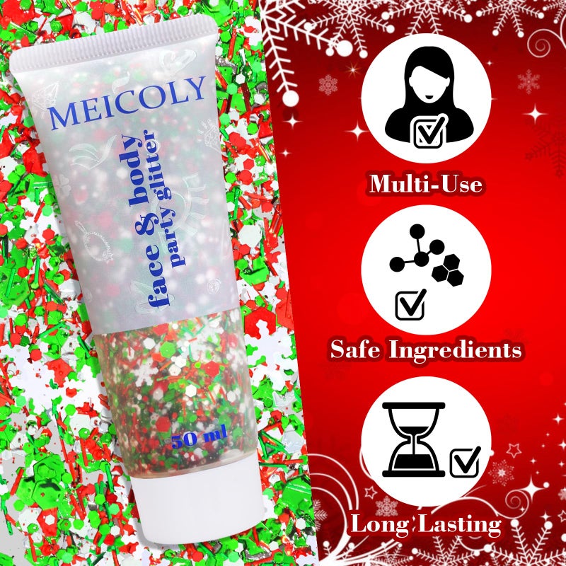 MEICOLY جل بريق الوجه والجسم من ميكولي لعيد الميلاد، بريق الشعر لعيد الميلاد، إكسسوارات عيد الميلاد هدايا للتخزين، زينة عيد الميلاد، مكياج بريق الوجه للمناسبات للنساء والأطفال والفتيات، طلاء وجه بريق سميك - Image 2