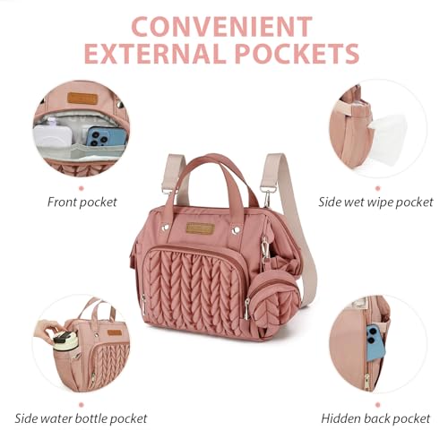 FHELAD Small Diaper Bag Backpack, Toddler Diaper Bags Waterproof Multi-Function Newborn Baby Stylish Mini Tote Maternity Bags (Pink with Pacifier Case) - Image 5