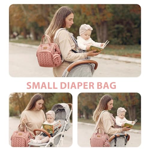 FHELAD Small Diaper Bag Backpack, Toddler Diaper Bags Waterproof Multi-Function Newborn Baby Stylish Mini Tote Maternity Bags (Pink with Pacifier Case) - Image 2