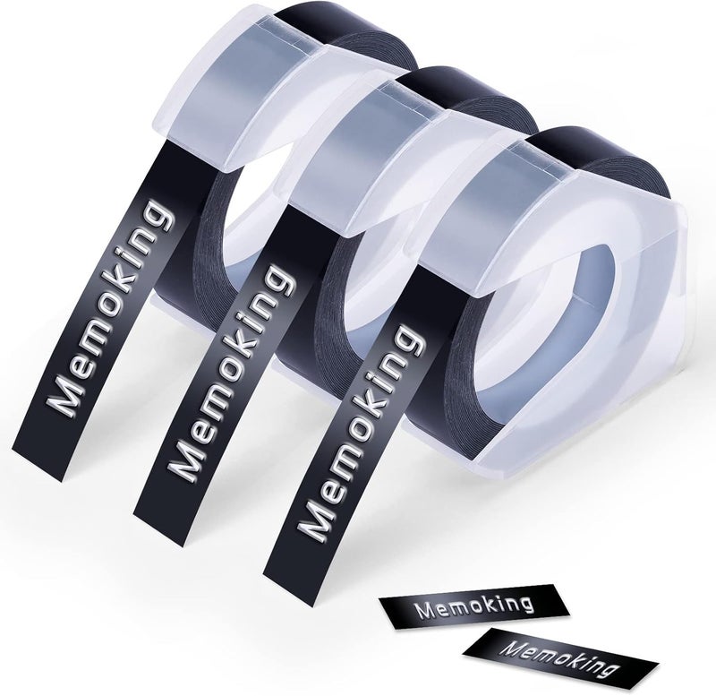 Memoking 3D E975 Embossed Label Tape 3/8"(9mm) - Plastic Self-Adhesive Embossing Label, Compatible with Phomemo, Dymo Omega, DYMO Junior, VolenGo Embossing Label Maker, Black (3 Pack) - Image 1