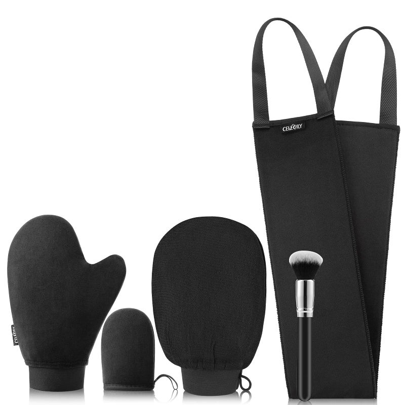 CeleCily 5in1 Self Tanner Mitt Applicator Kit Professional Self Tanning Mitt Back Applicator Mini Mitt Brush and ExfoliatorNo Streaks No Orange Palms DoubleSided Washable Tanning Gloves Set