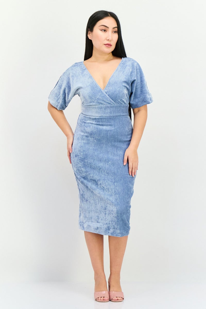 Donna Morgan Women Velvet Waistband Midi Dress, Light Blue - Image 1