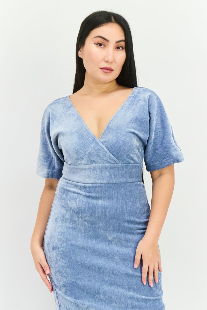 Donna Morgan Women Velvet Waistband Midi Dress, Light Blue - Image 2