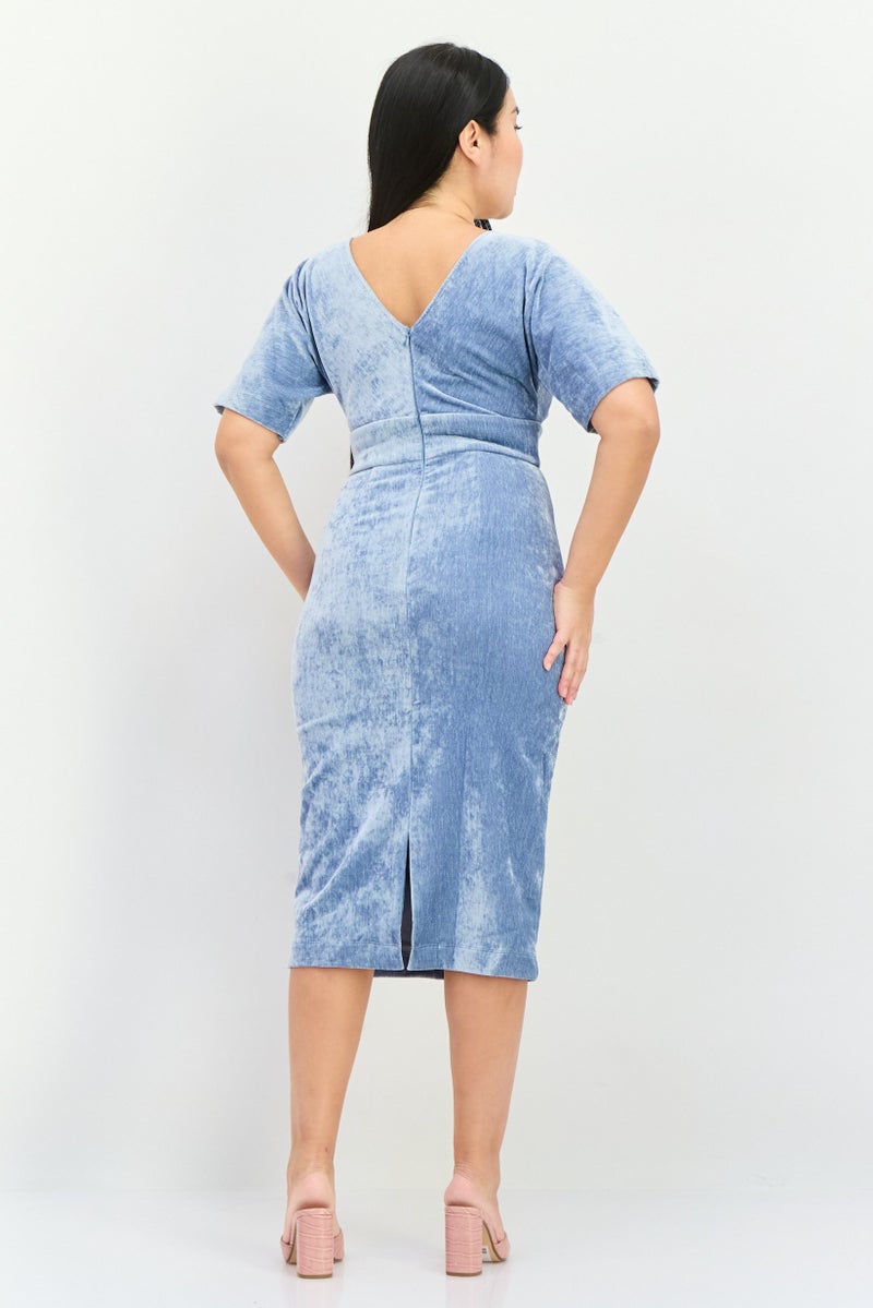 Donna Morgan Women Velvet Waistband Midi Dress, Light Blue - Image 4
