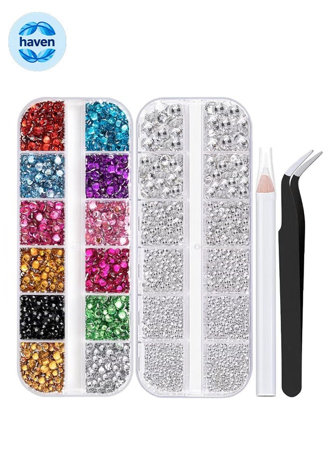 HAVEN Two Packs of Flatback Rhinestones 4520 Pcs, Colorful Nail Art Rhinestones Flatback Crystal Colorful+AB Rhinestone with Picker Pencil and Tweezer, for Nail Art and Decoration - Image 1