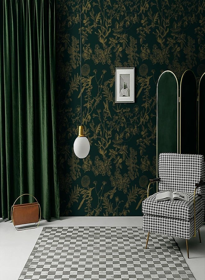 Safiyya ورق جدران صفية لاصق، ورق جدران مزهر لغرفة النوم، ورق جدران أخضر داكن وذهبي، ورق جدران مزين بالطيور والزهور، ورق لاصق ذاتي، ورق جدران بوهيمي للجدران، لفائف فينيل 196 بوصة × 17.3 بوصة - Image 4