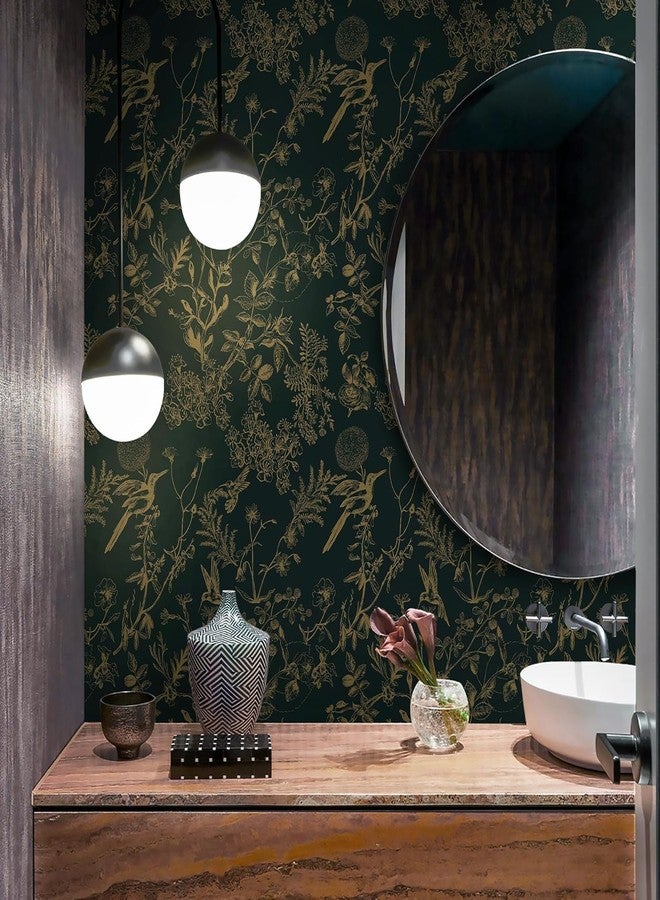 Safiyya ورق جدران صفية لاصق، ورق جدران مزهر لغرفة النوم، ورق جدران أخضر داكن وذهبي، ورق جدران مزين بالطيور والزهور، ورق لاصق ذاتي، ورق جدران بوهيمي للجدران، لفائف فينيل 196 بوصة × 17.3 بوصة - Image 2