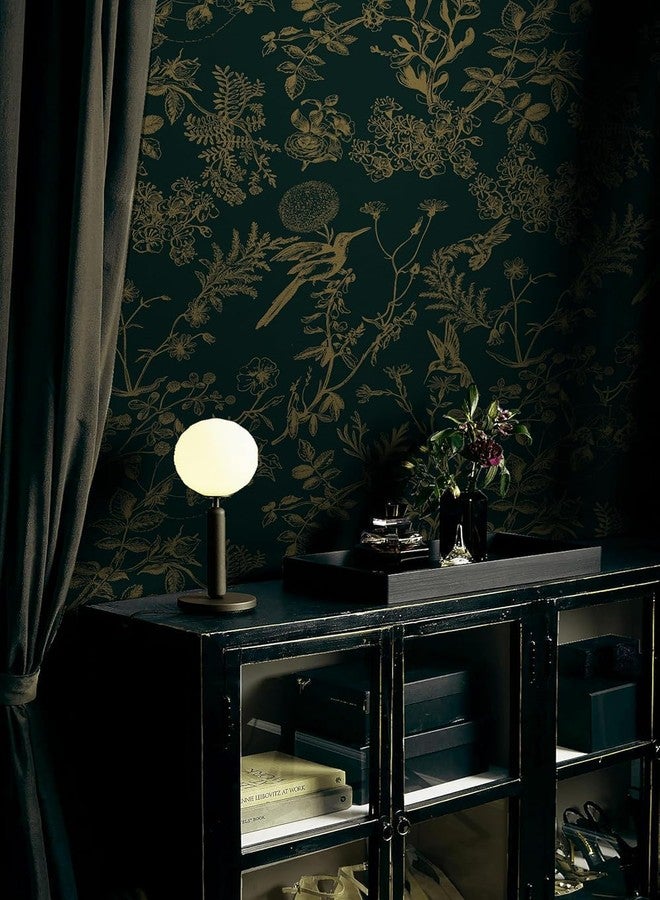 Safiyya ورق جدران صفية لاصق، ورق جدران مزهر لغرفة النوم، ورق جدران أخضر داكن وذهبي، ورق جدران مزين بالطيور والزهور، ورق لاصق ذاتي، ورق جدران بوهيمي للجدران، لفائف فينيل 196 بوصة × 17.3 بوصة - Image 3