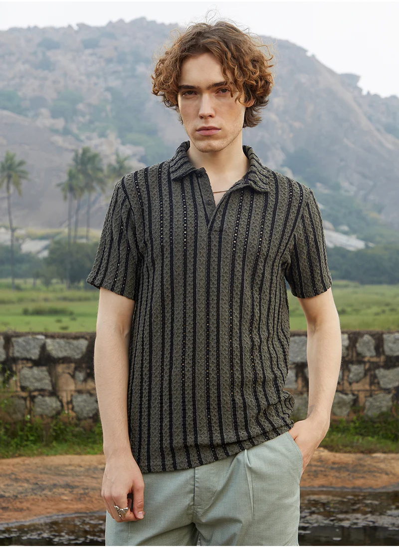 Campus Sutra Men's Olive Green & Onyx Black Tactile-Striped Polo T-Shirt