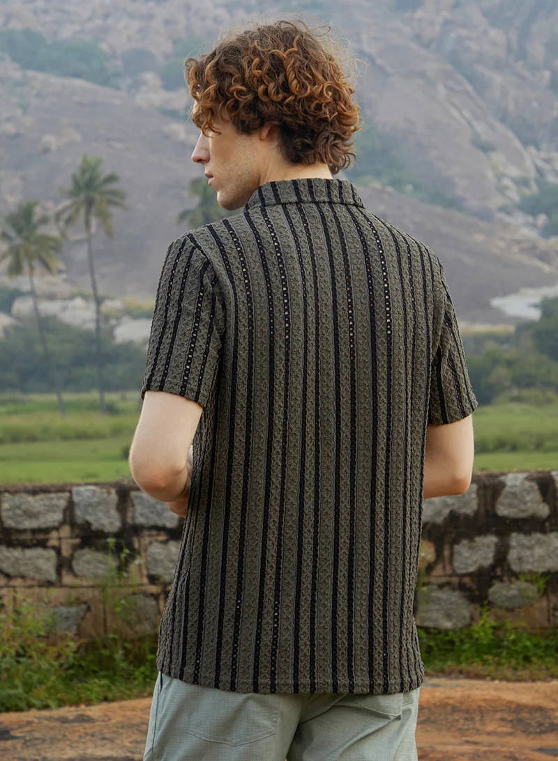 Campus Sutra Men's Olive Green & Onyx Black Tactile-Striped Polo T-Shirt