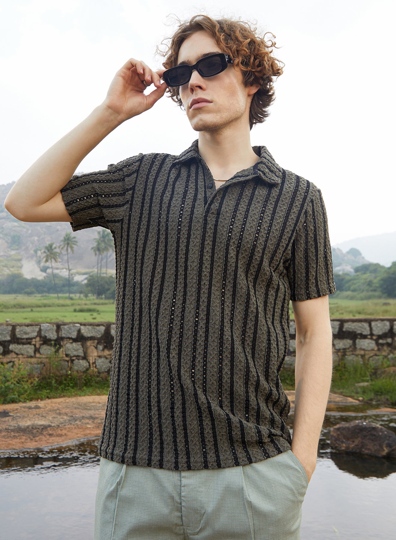 Campus Sutra Men's Onyx Black Panel-Tactile Cuban Polo T