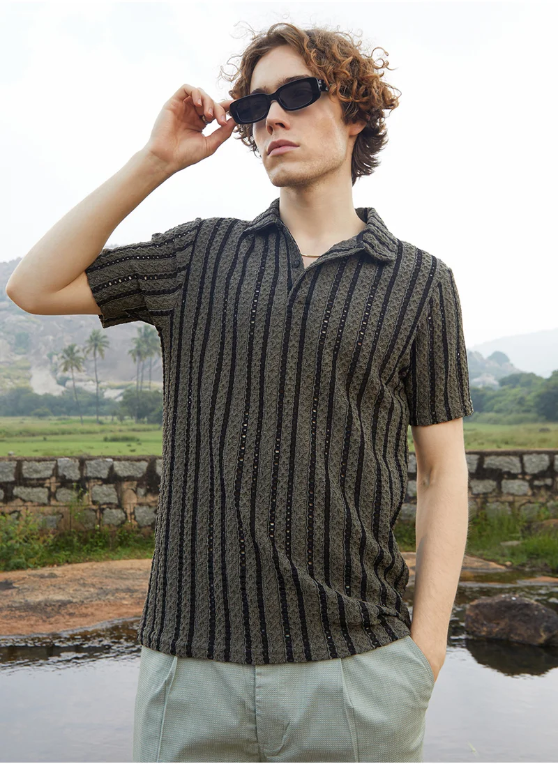Campus Sutra Men's Olive Green & Onyx Black Tactile-Striped Polo T-Shirt