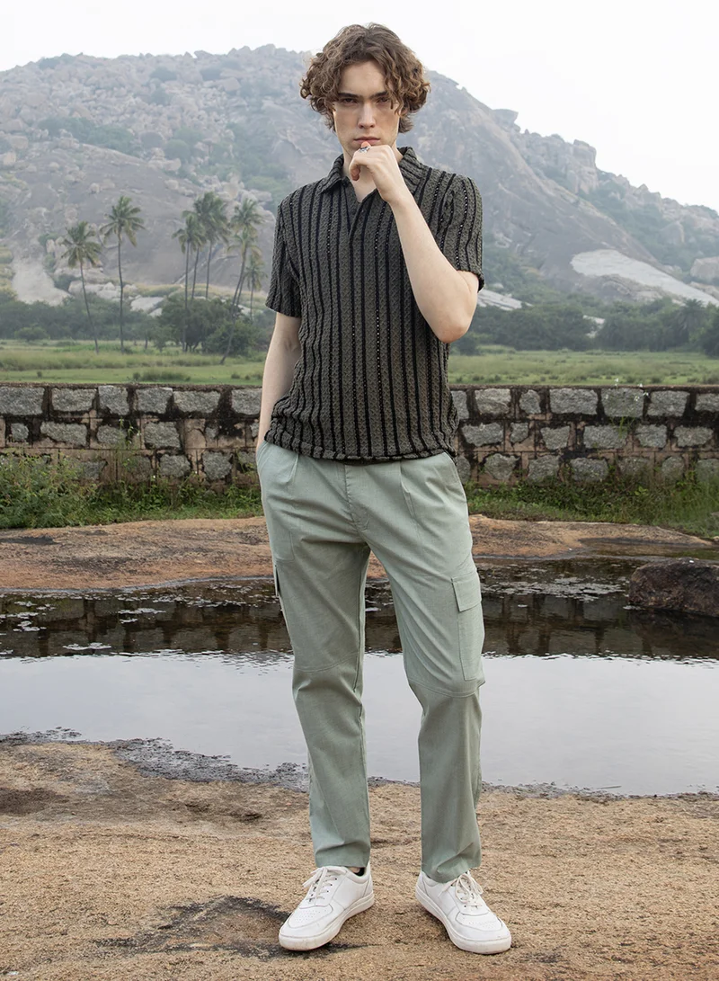 Campus Sutra Men's Olive Green & Onyx Black Tactile-Striped Polo T-Shirt