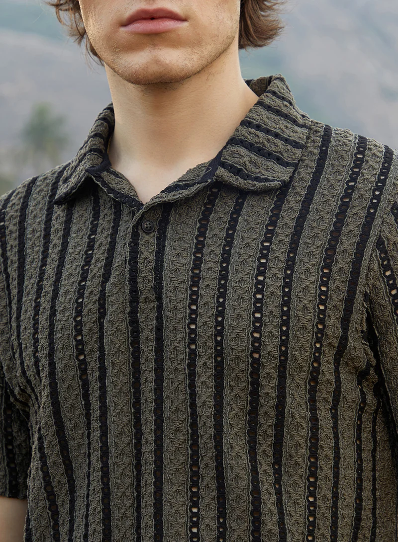 Campus Sutra Men's Olive Green & Onyx Black Tactile-Striped Polo T-Shirt