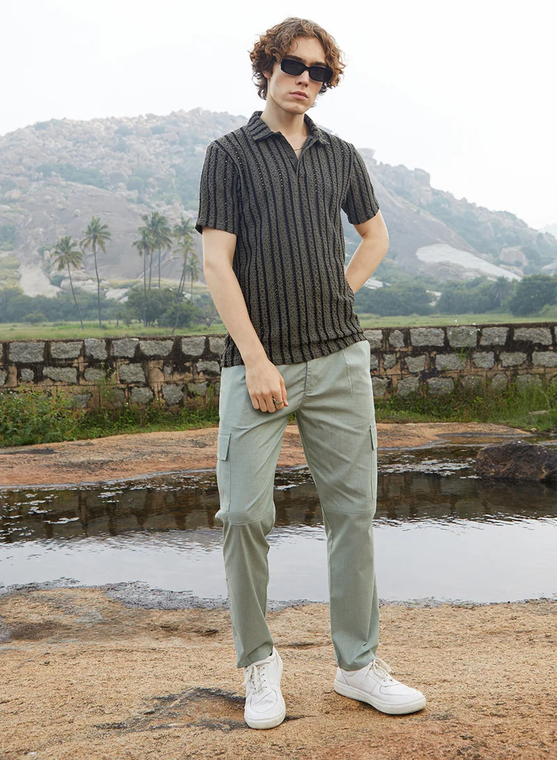 Campus Sutra Men's Olive Green & Onyx Black Tactile-Striped Polo T-Shirt