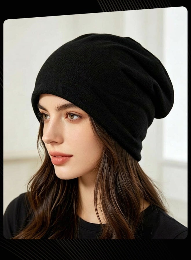 Women Men All Season Casual Slouchy Beanie Cap Cozy Knit Hat for Daily Street Wear Black - Image 1