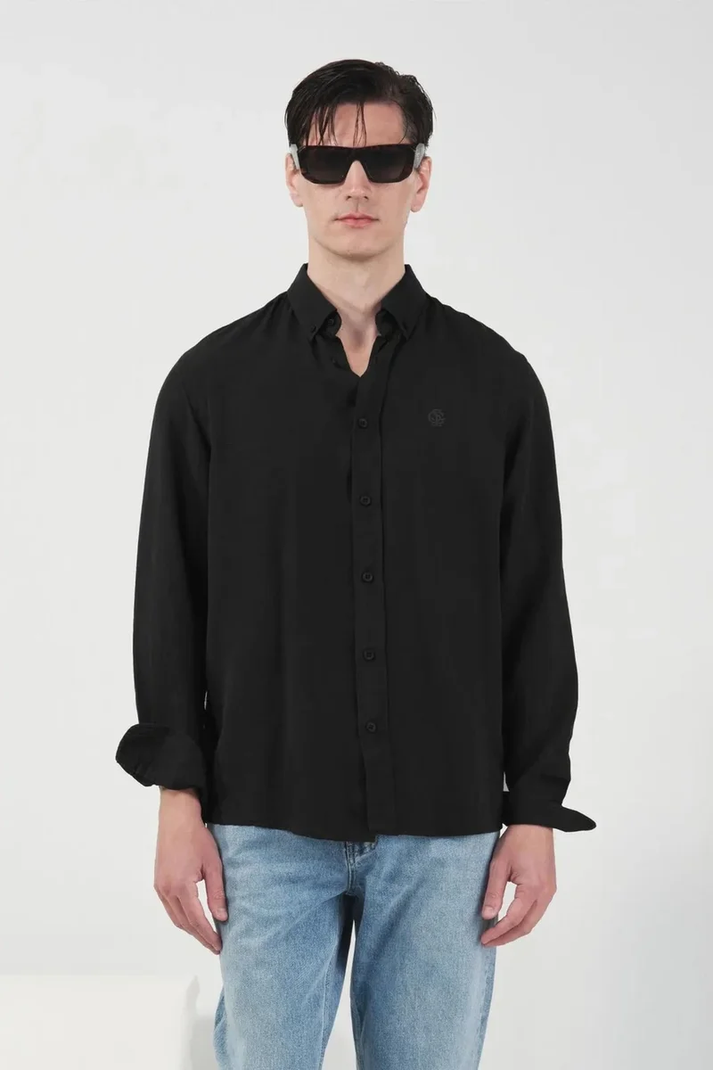 Giesto Black GIESTO Regular Fit Button-Up Long Sleeve Tencel Shirt for Men | Best Price UAE