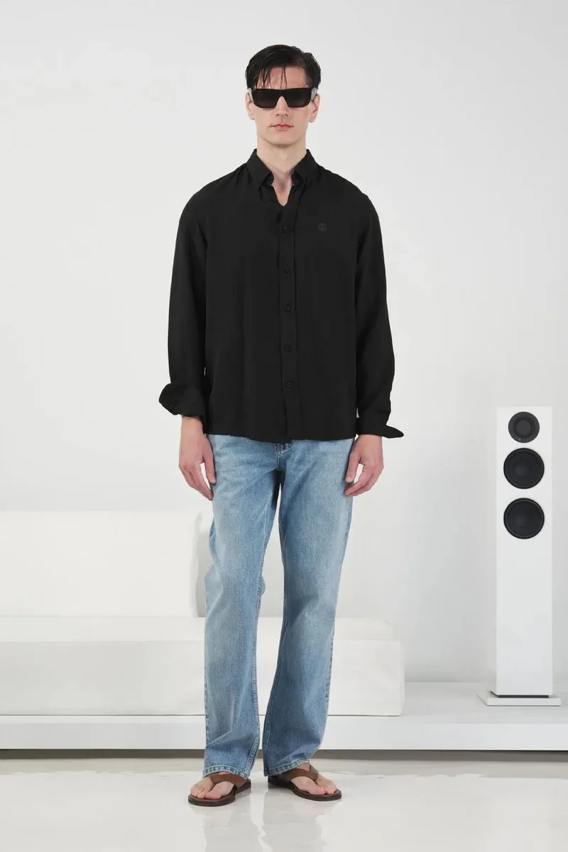 Giesto Black GIESTO Regular Fit Button-Up Long Sleeve Tencel Shirt for Men | Best Price UAE