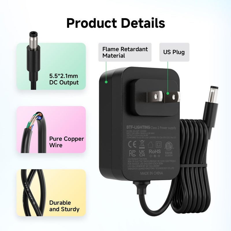 BTF-LIGHTING محول طاقة BTF-LIGHTING 12V 3A 36W مدرج ETL 100-240V AC إلى 12V DC، مزود طاقة من الفئة 2، جاك 5.5x2.1mm للإضاءة LED ذات الجهد المنخفض، CCTV، جهاز التوجيه، الإلكترونيات - Image 4