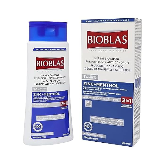 BIOBLAS شامبو شعر بالزنك والمنتول - شامبو مضاد للقشرة ومضاد لتساقط الشعر - شامبو نعناع منعش لتساقط الشعر وتهدئة فروة الرأس - خالي من العطور، غني بالفيتامينات - لجميع أنواع الشعر (عبوة 1) 360 مل - Image 1