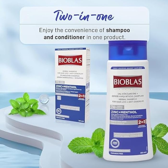 BIOBLAS شامبو شعر بالزنك والمنتول - شامبو مضاد للقشرة ومضاد لتساقط الشعر - شامبو نعناع منعش لتساقط الشعر وتهدئة فروة الرأس - خالي من العطور، غني بالفيتامينات - لجميع أنواع الشعر (عبوة 1) 360 مل - Image 3