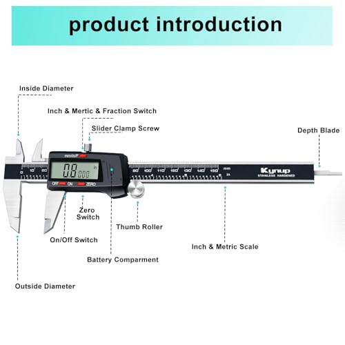Kynup Digital Vernier Caliper, Caliper Measuring Tool, Outside Micrometer Dial Caliper with Stainless Steel, Large LCD Screen, Auto - Off Feature, Inch Metric Fraction Conversion (6Inch/150mm) - Image 5
