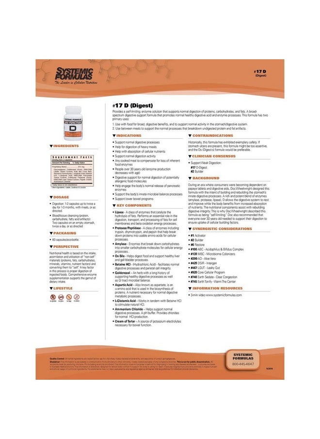 Systemic Formulas - Bio Function 17 D Digest 60 Capsules Helps Digestion Of Heavy Meals And Absorption Of Nutrients - Image 1