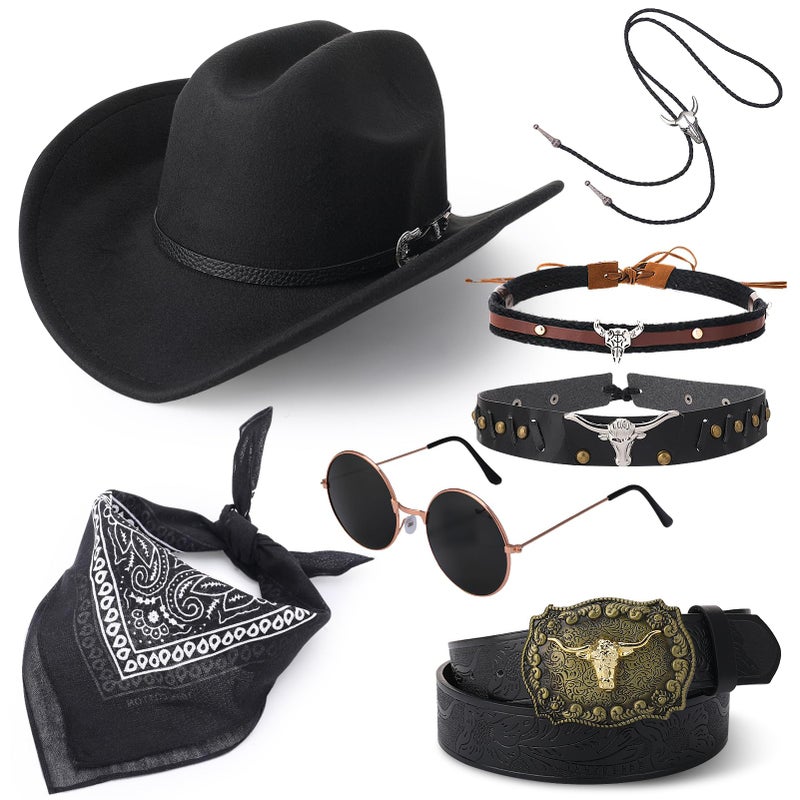 ZhouBoat 7Pcs Cowboy Costume Outfit for Men Women, Black Western Cowboy Hat Hat Bands Cowgirl Leather Necklace Belt Glasses Bandana Set for Halloween Party Cosplay (Black Western Hat) - Image 1