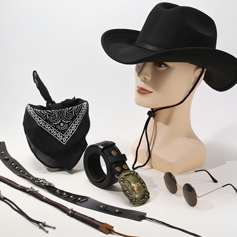 ZhouBoat 7Pcs Cowboy Costume Outfit for Men Women, Black Western Cowboy Hat Hat Bands Cowgirl Leather Necklace Belt Glasses Bandana Set for Halloween Party Cosplay (Black Western Hat) - Image 3