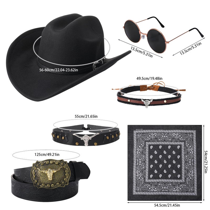 ZhouBoat 7Pcs Cowboy Costume Outfit for Men Women, Black Western Cowboy Hat Hat Bands Cowgirl Leather Necklace Belt Glasses Bandana Set for Halloween Party Cosplay (Black Western Hat) - Image 2