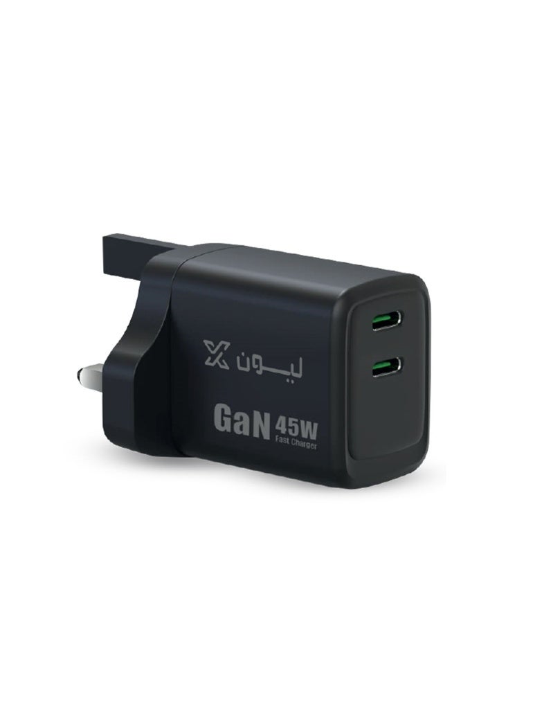 ليون اكس فيش جداري شحن سريع بتقنية GaN قوة 45 واط + كيبل تايب سي إلى تايب سي قوة 60 واط (قماشي مقاوم للقطع) يدعم تقنية PD - أسود - Image 2